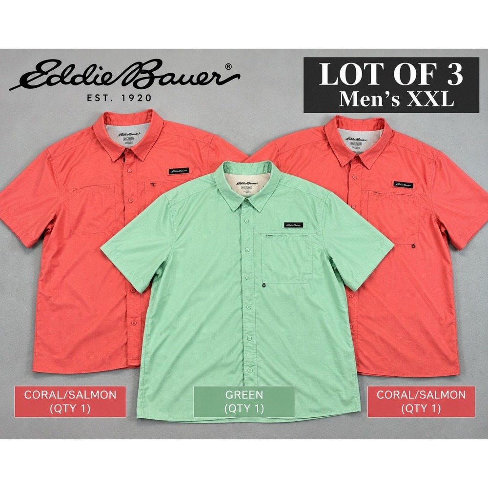 Eddie Bauer Mens XXL Shirts Lot of 3 Vented Woven Tech Fishing Short Sleeve